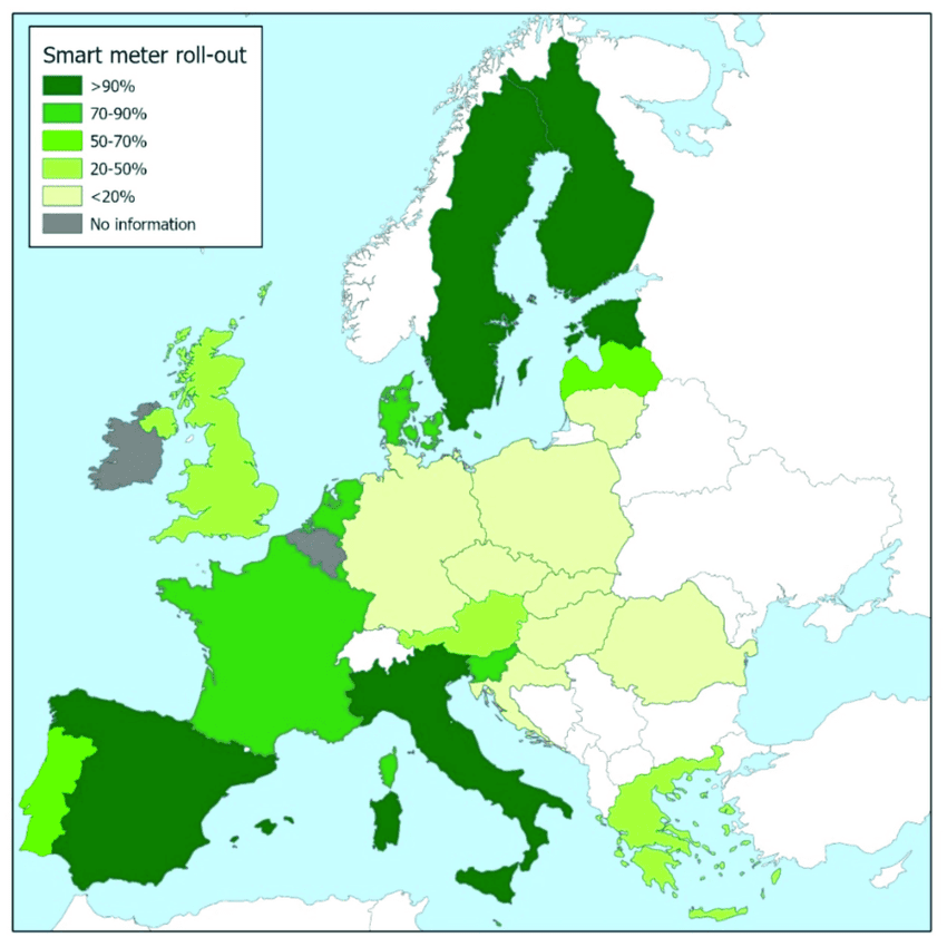 Mapa evropy znázorňující zastoupení chytrých elektroměrů