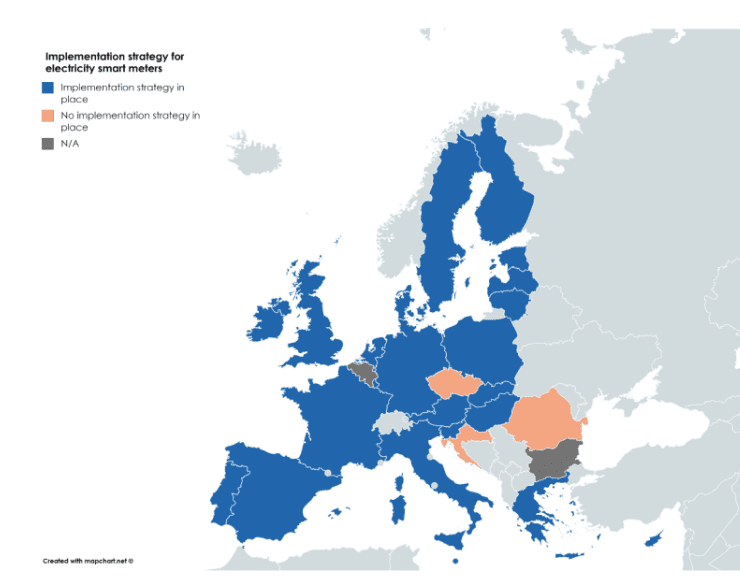 Mapa evropy znázorňující plány jednotlivých zemí na roll-out elektroměrů